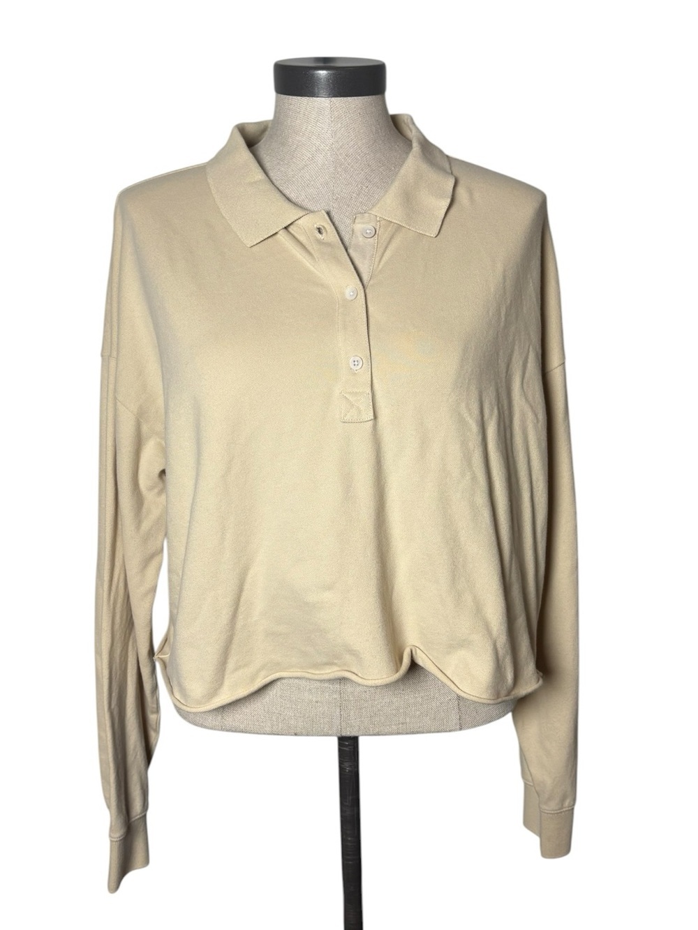 Aerie Butter Yellow Cropped Polo Button TopMedium Preppy Long Sleeve